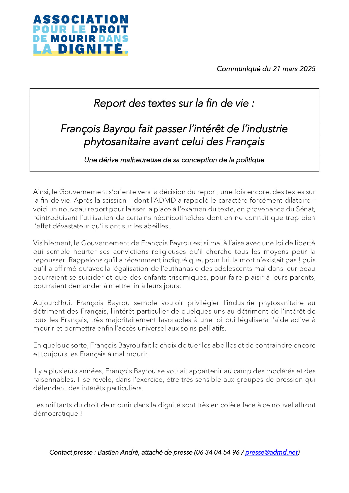 Report des textes sur la fin de vie : François Bayrou fait passer l’intérêt de l’industrie phytosanitaire avant celui des Français