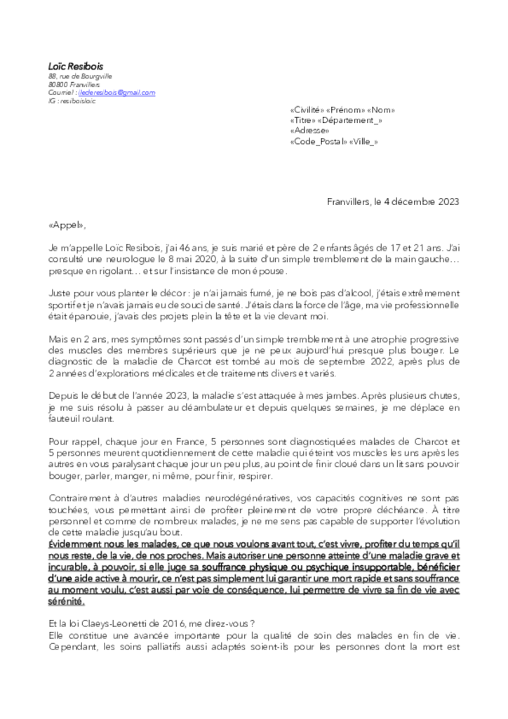 La lettre de Loïc Resibois aux parlementaires
