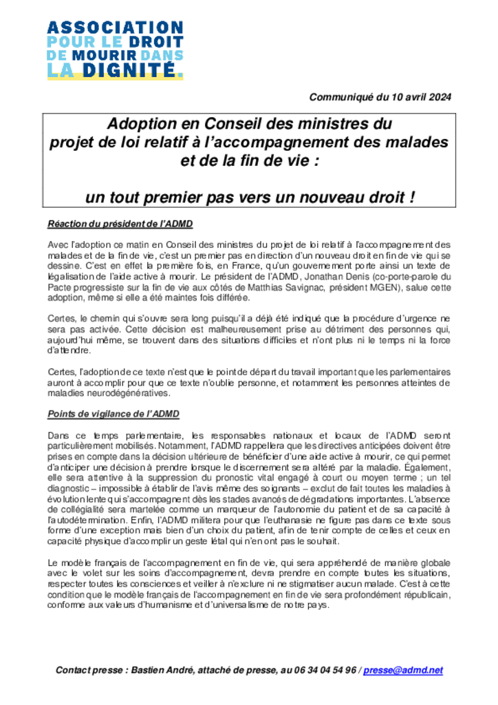 CP - Projet de loi sur la fin de vie