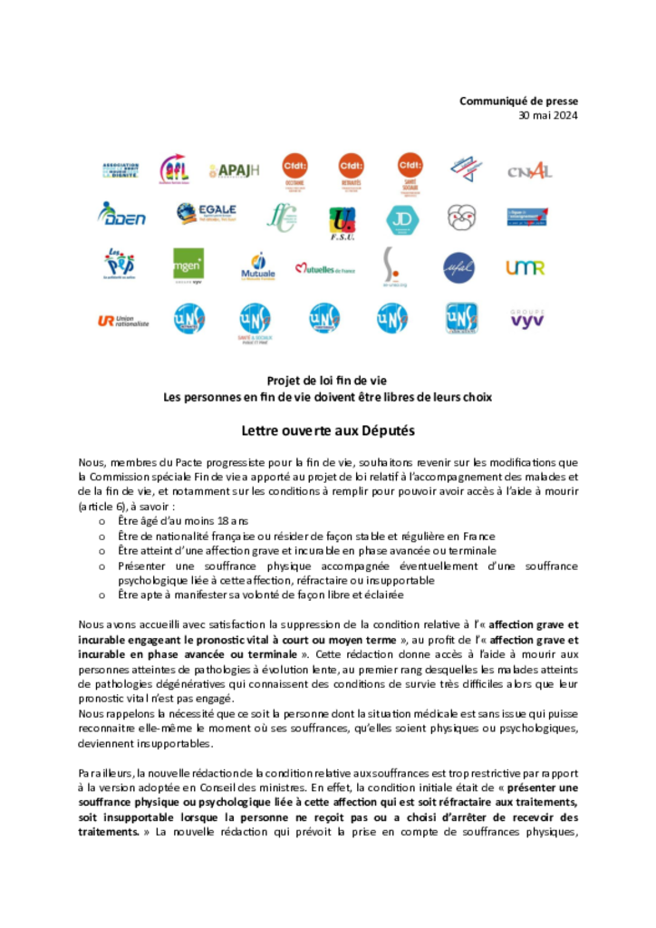 Projet de loi fin de vie  - Les personnes en fin de vie doivent être libres de leurs choix - Lettre ouverte aux Députés