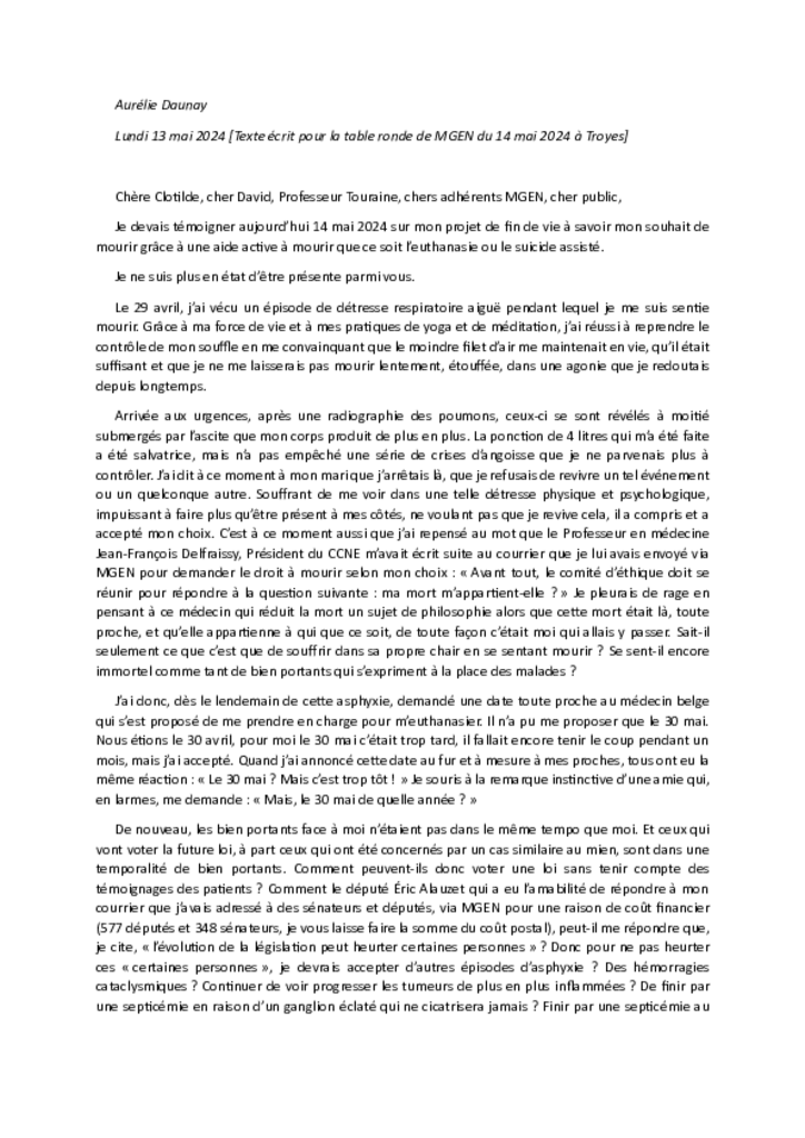 Le témoignage écrit d'Aurélie Daunay
