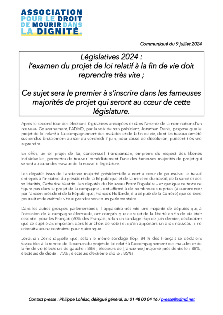Projet de loi sur la fin de vie - Nouvelle assemblée nationale