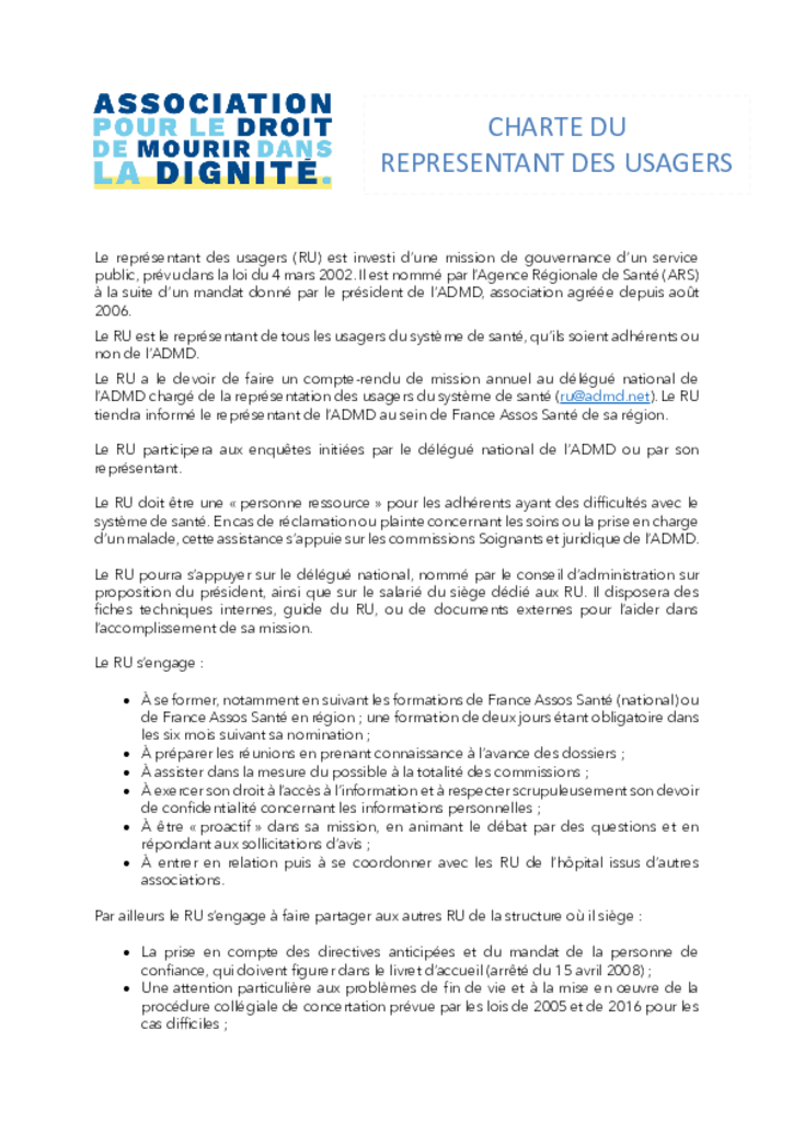 Charte du représentant des usagers
