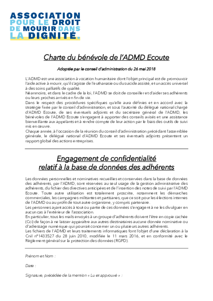 Charte du bénévole de l'ADMD Ecoute