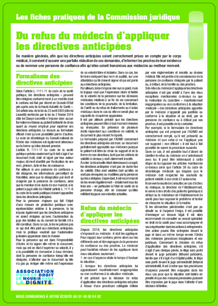 Du refus du médecin d’appliquer les directives anticipées