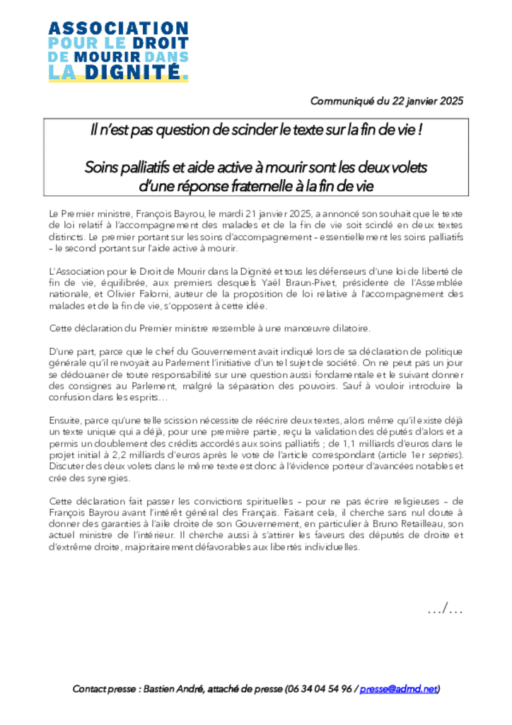 CP - Texte de loi : il n’est pas question de scinder le texte sur la fin de vie !