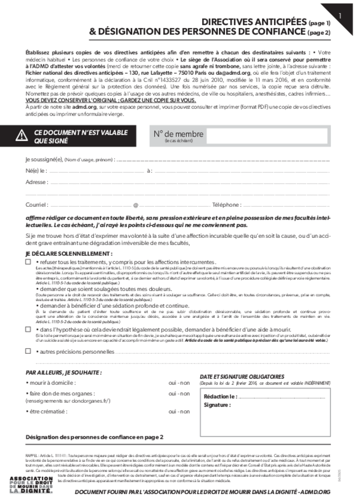 Formulaire des directives anticipées