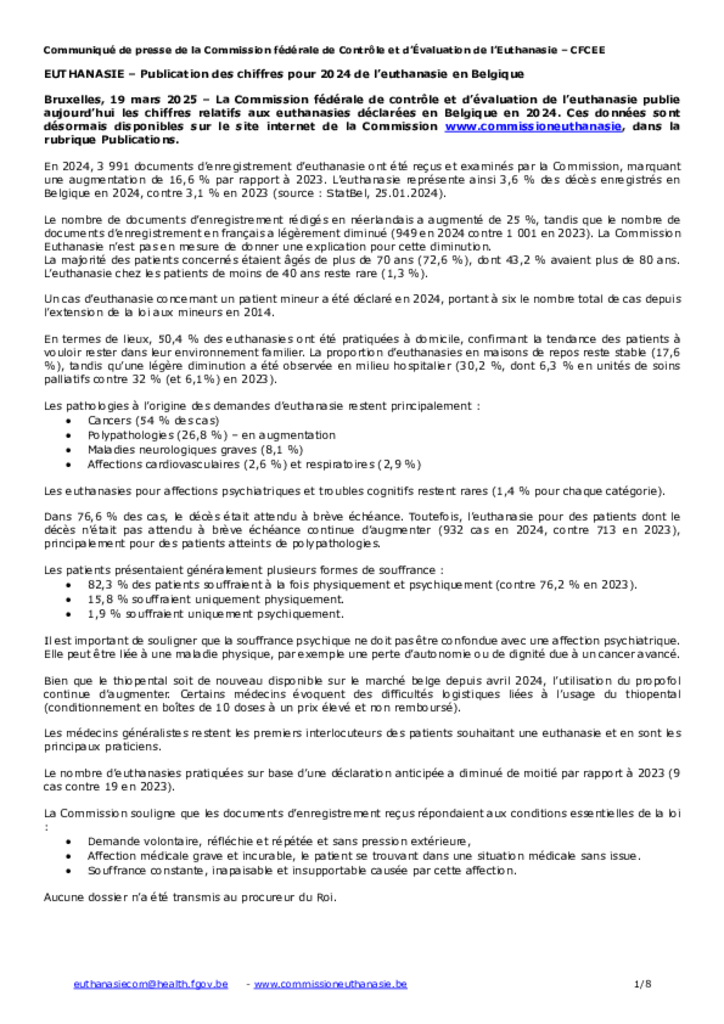 Communiqué de presse de la Commission fédérale de Contrôle et d’Évaluation de l’Euthanasie – CFCEE