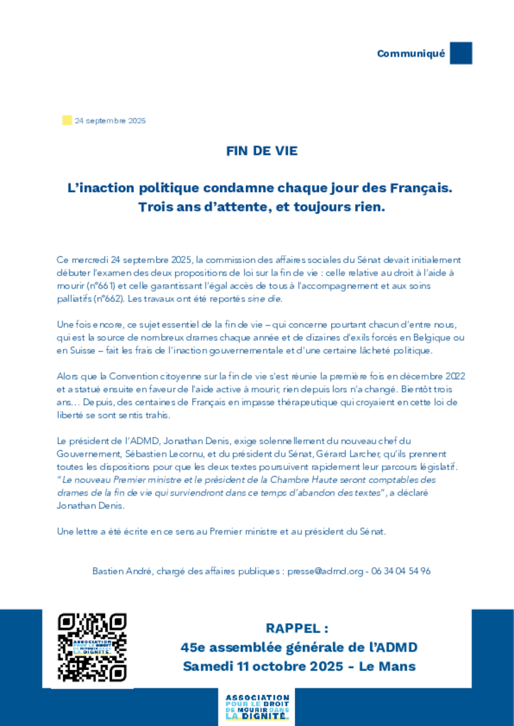 CP - Report du texte sur la fin de vie
