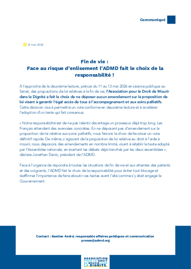 Fin de vie : Face au risque d’enlisement l’ADMD fait le choix de la responsabilité !