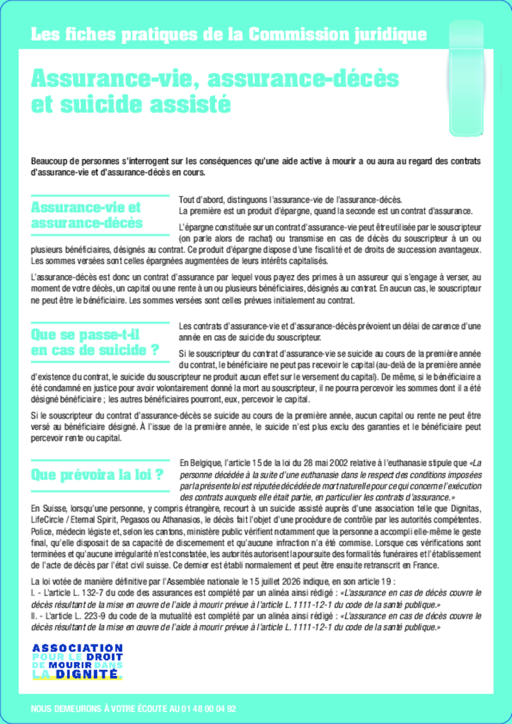 Assurance-vie, assurance-décès et suicide assisté