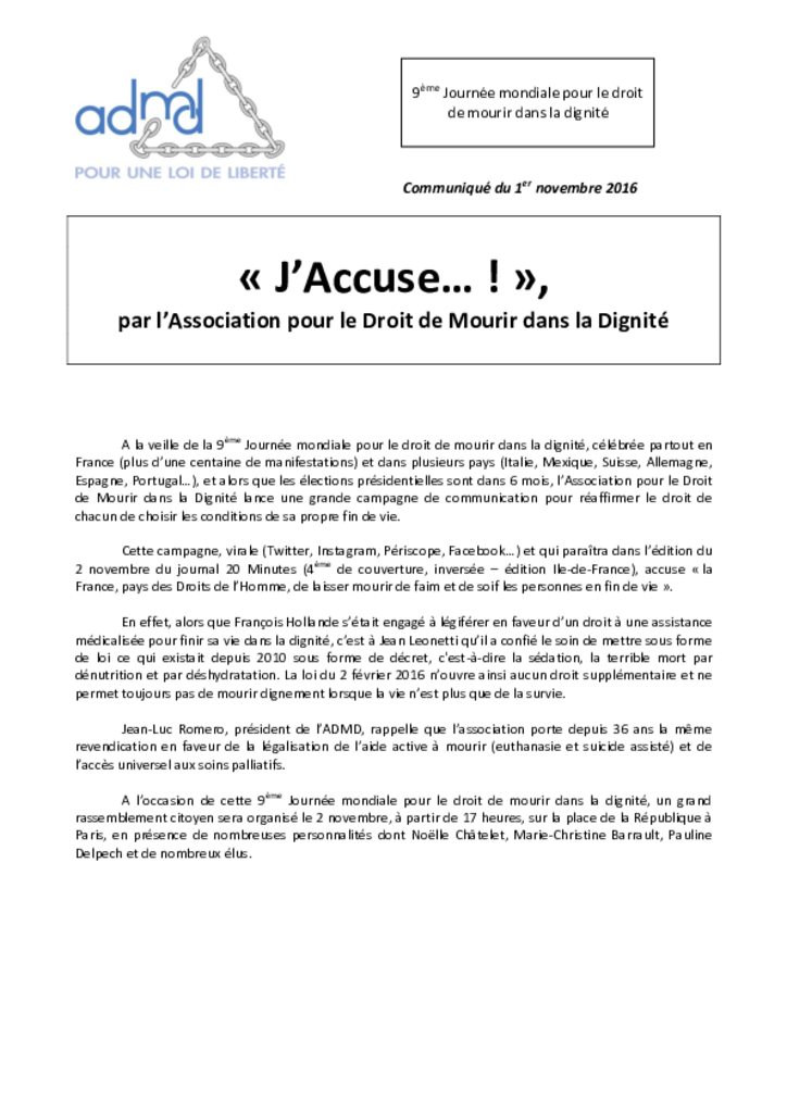 Communiqué de l'ADMD sur la campagne J'Accuse !