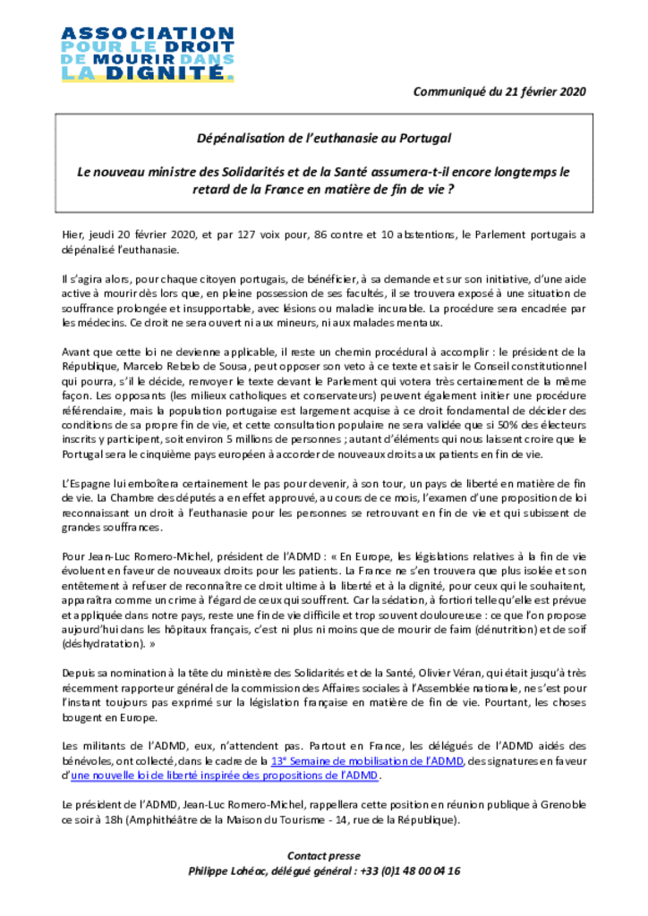 CP - Dépénalisation de l'euthanasie au Portugal 