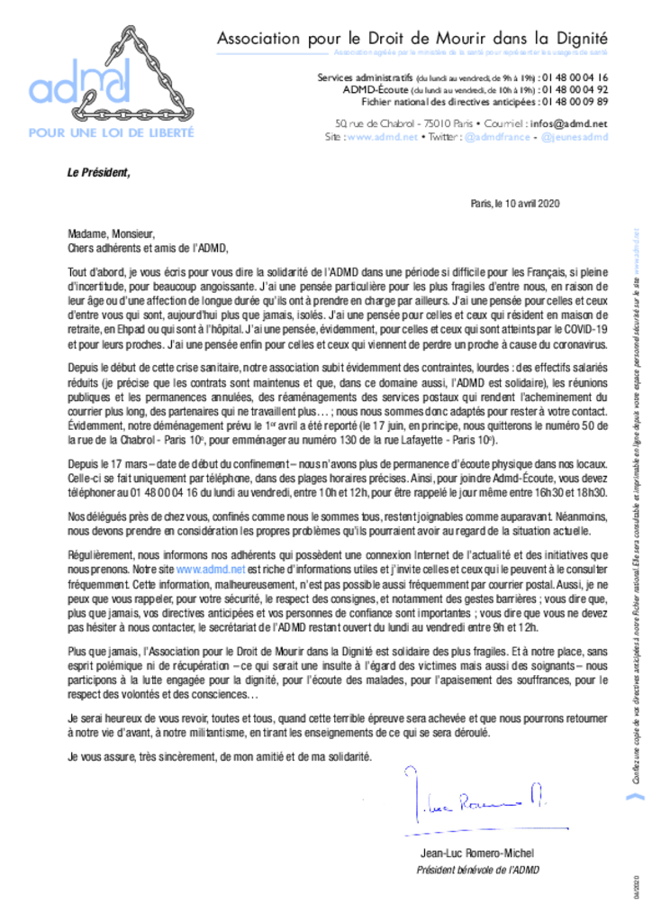 COVID-19 - Lettre du président de l'ADMD en pdf
