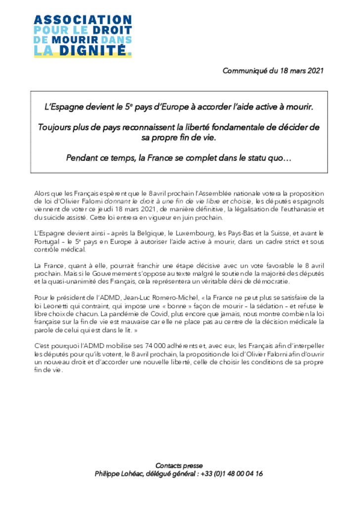 CP - L'Espagne vote le droit à l'euthanasie