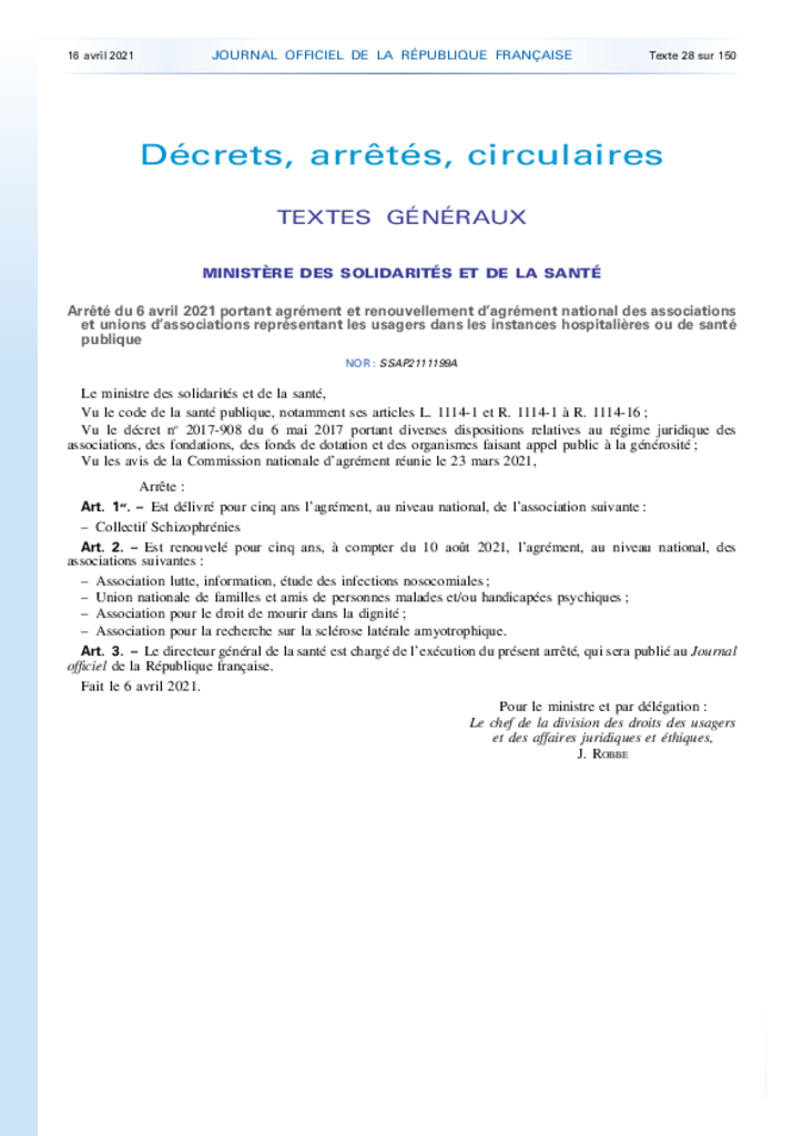 Agrément - Arrêté du 6 avril 2021
