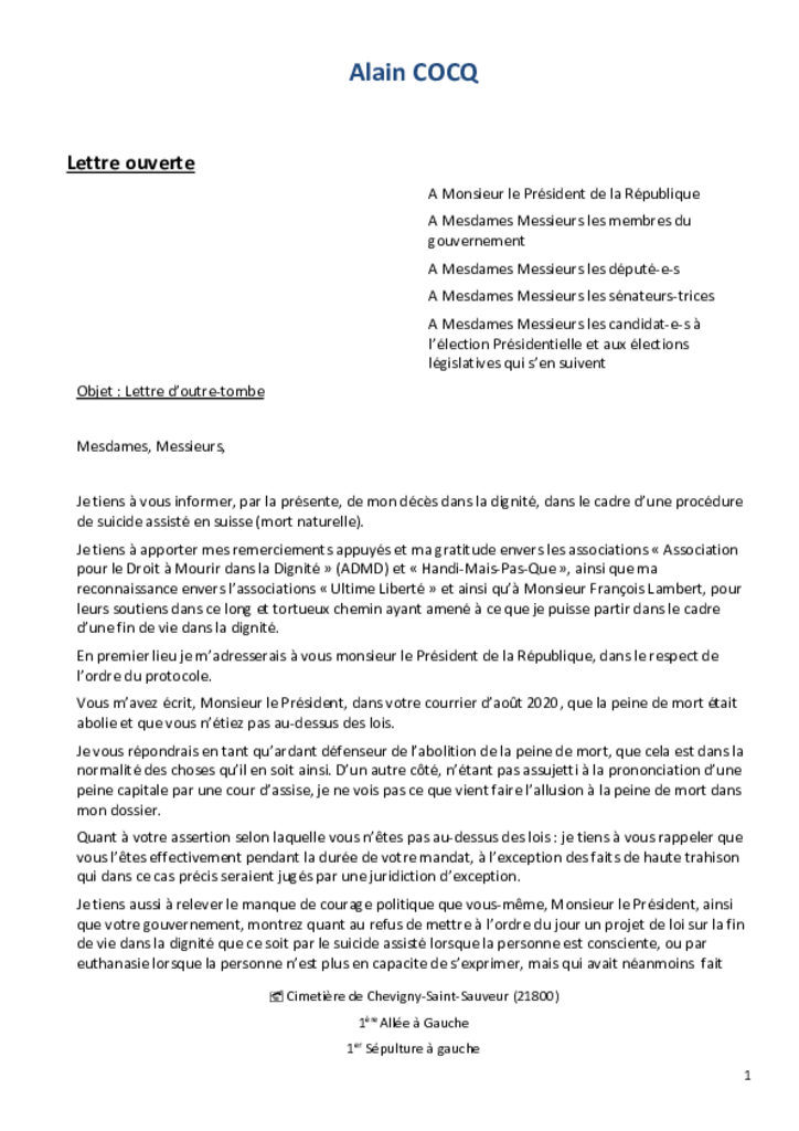 Lettre ouverte d'Alain Cocq