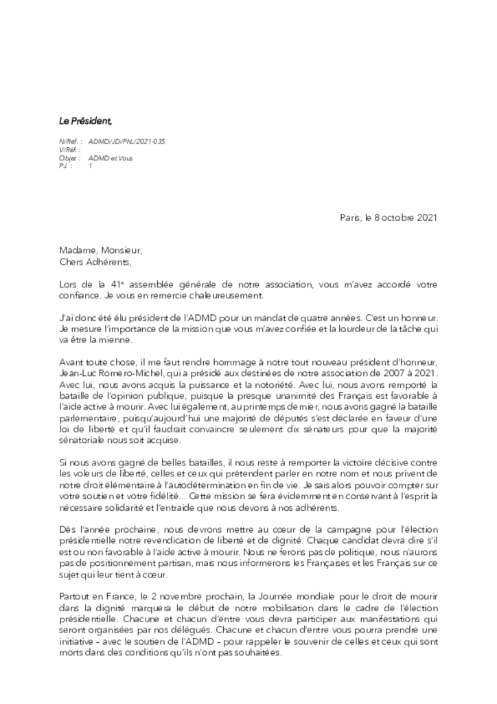 Lettre aux adhérents de l'ADMD