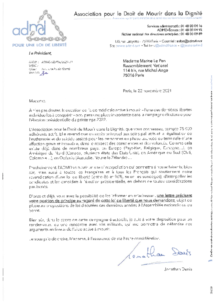 Lettre d'interpellation envoyée à Marine Le Pen