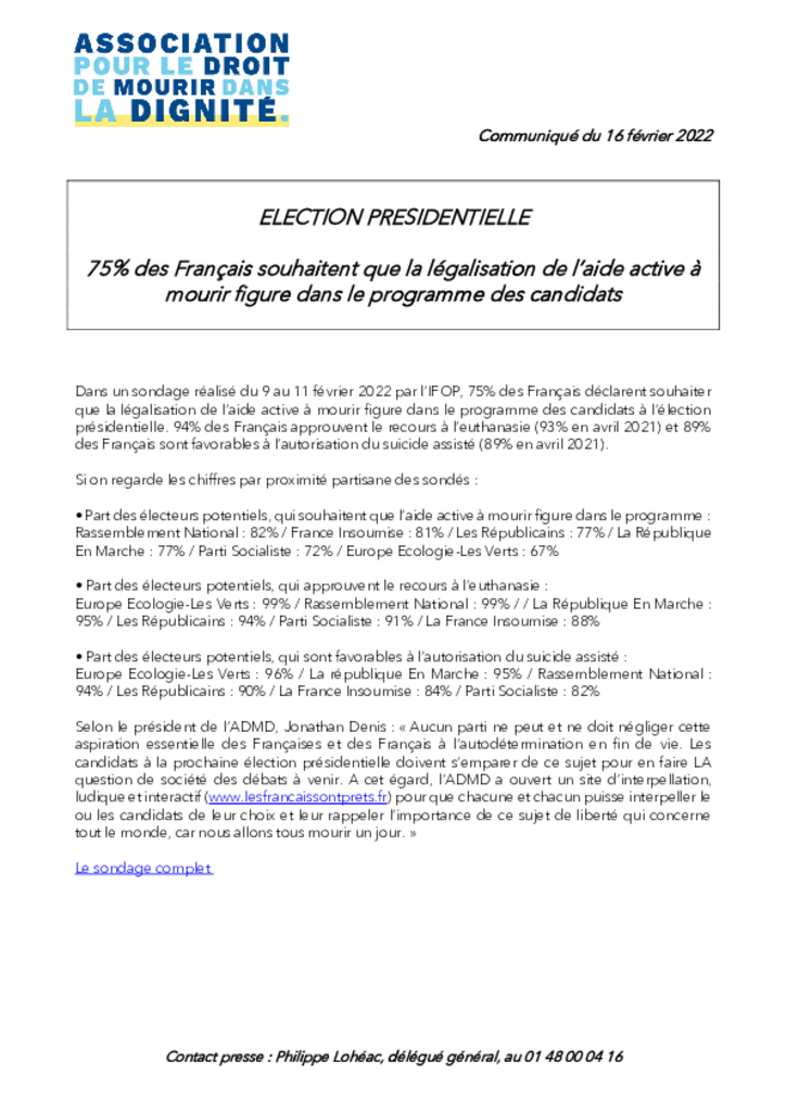 CP - Sondage février 2022 -  Le regard des Français sur la fin de vie  