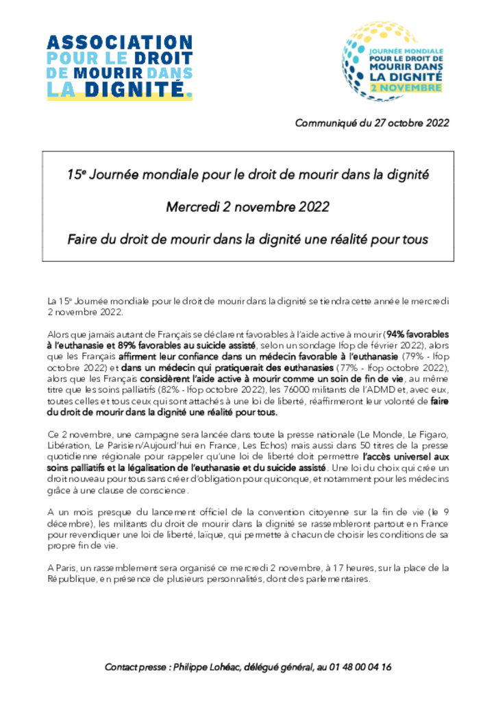 CP - 15e Journée mondiale pour le droit de mourir dans la dignité
