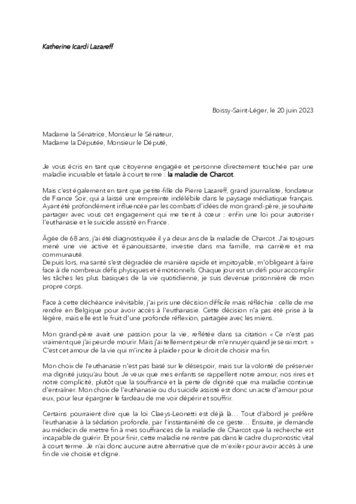 Lettre de Katherine Icardi Lazareff aux parlementaires
