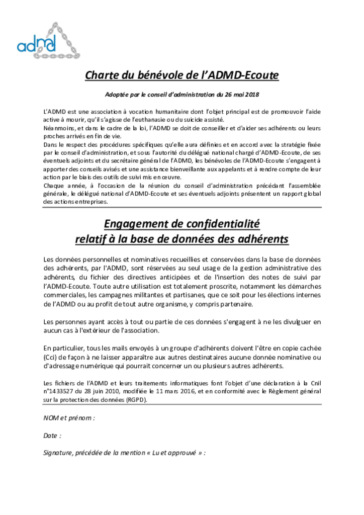 Charte du bénévole de l'ADMD écoute