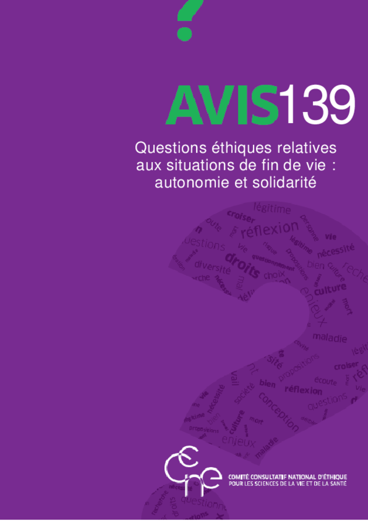 Avis CCNE 139 - Enjeux éthiques relatifs aux situations de fin de vie