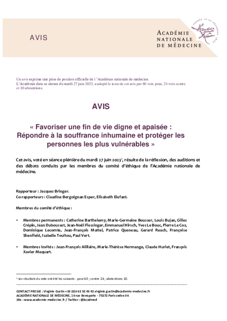 Avis de l'Académie de médecine