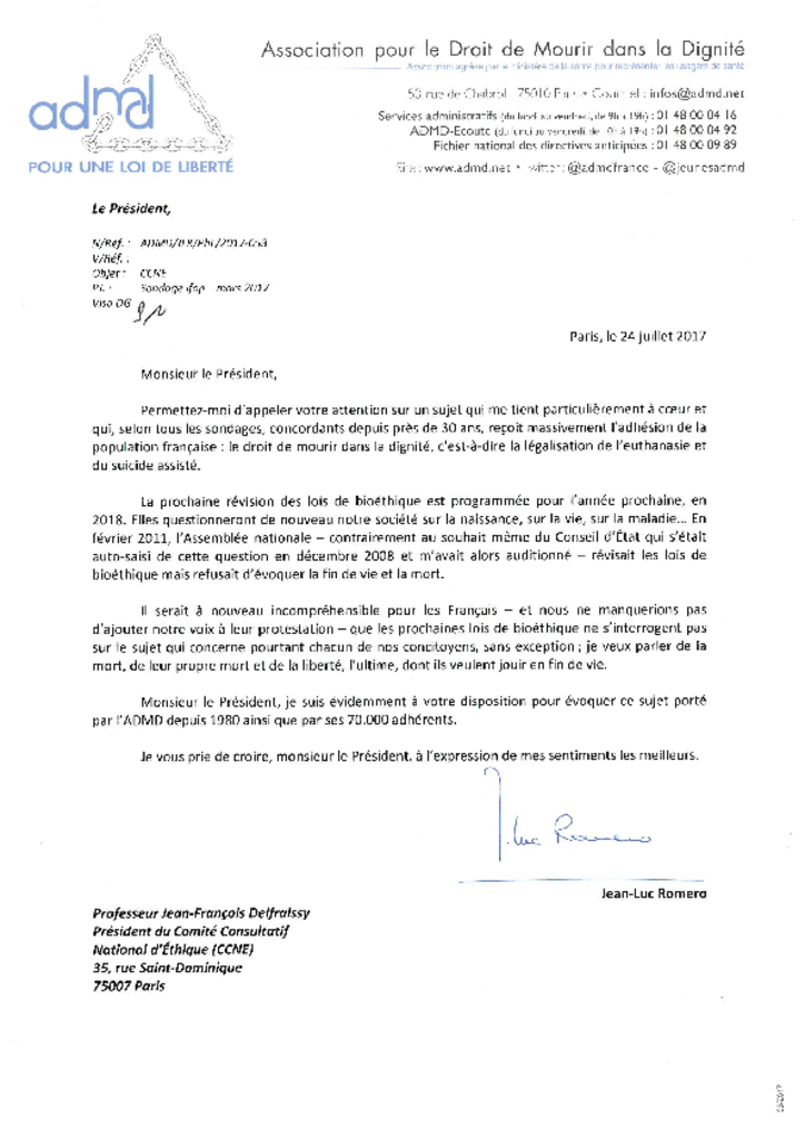 Lettre au président du CCNE