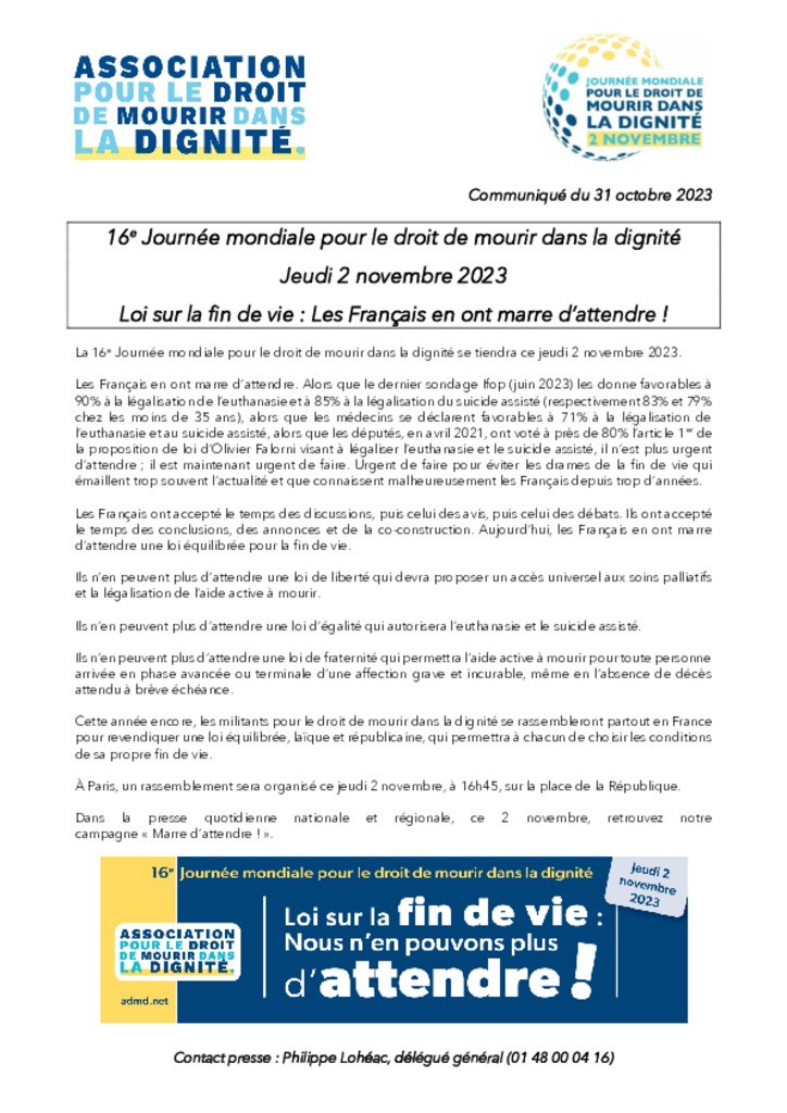 CP - 16e Journée mondiale pour le droit de mourir dans la dignité