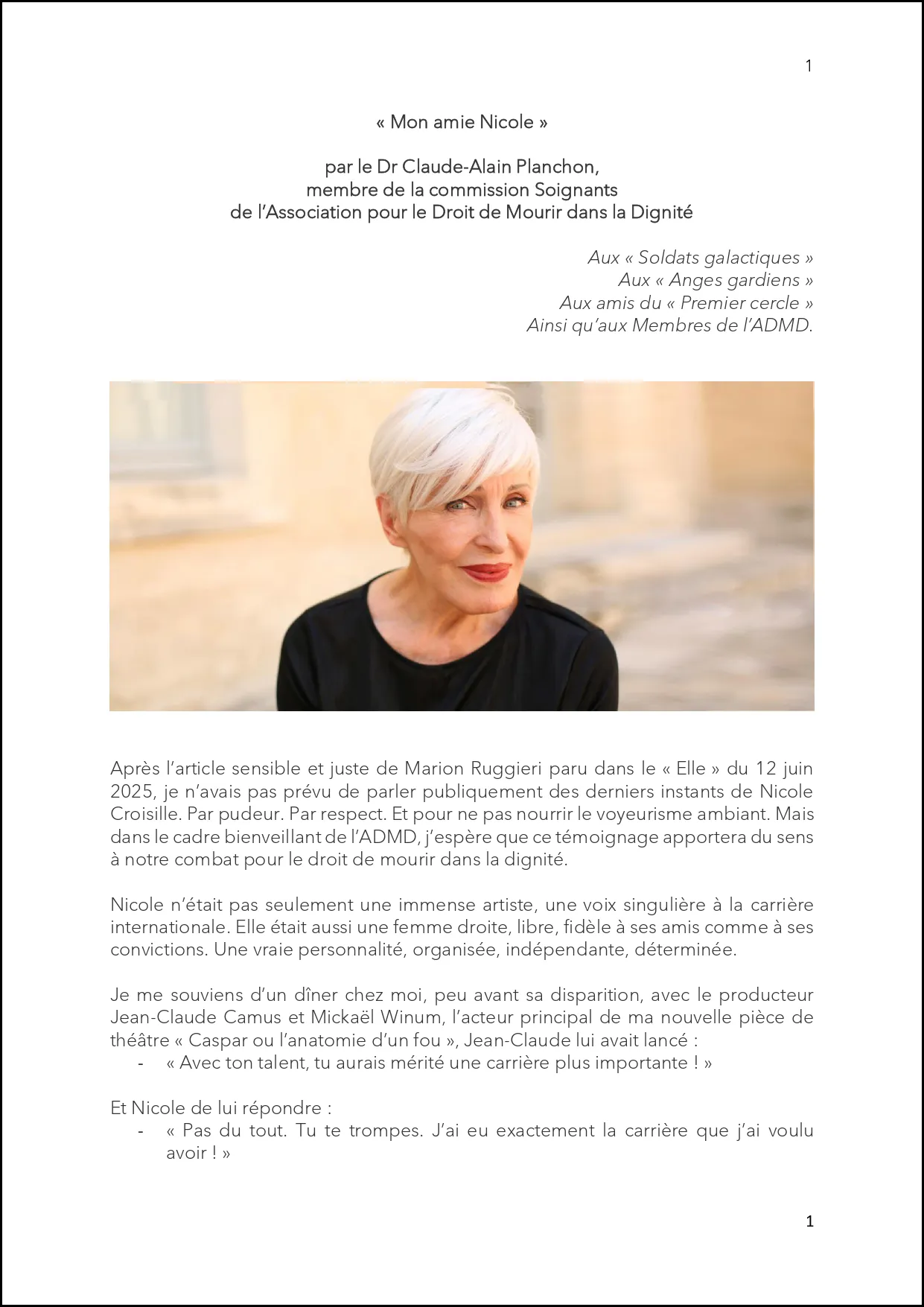 "Mon amie Nicole" Par le Docteur Claude-Alain Planchon 
