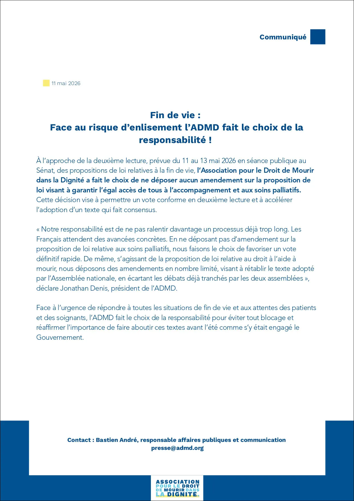 Fin de vie : Face au risque d’enlisement l’ADMD fait le choix de la responsabilité !