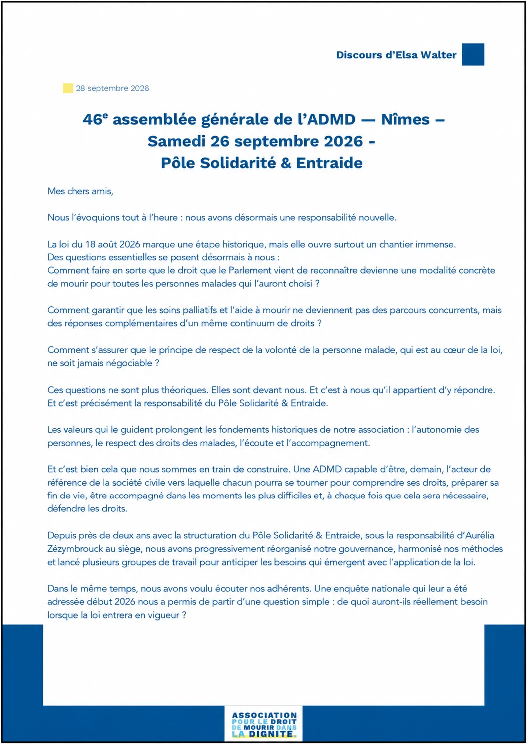 Elsa Walter présente les priorités de l’ADMD en matière de solidarité et d’entraide